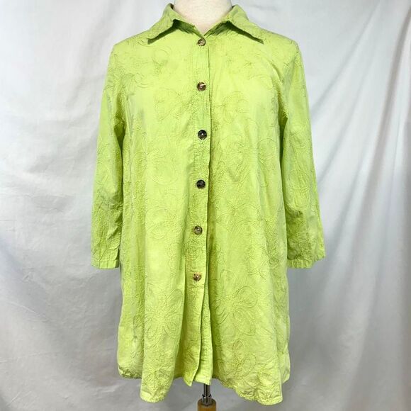 CMC Color Me Cotton Green Collared Button Floral Embroidery Top Women L USA Made - Picture 1 of 6